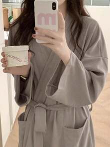 Unisex Waffle Knit Kimono Style Bathrobe, Absorbent Quick-Dry Soft, Loose Long Sleeve V-Neck, With Adjustable Waist Belt, Suitable For All Seasons, Hotel Spa Home Essential - Multicolor - View 15