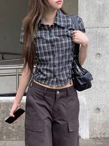 Women's Summer Design Plaid Versatile Casual Shirt - Black and White - View 2