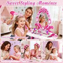 Juego de mesa y silla de cambiador para niños pequeños mesa de maquillaje para niñas con luces de espejo y música juguetes de vestir con secador de pelo corona de princesa y varita bolsa de - Rosa - Ver 5