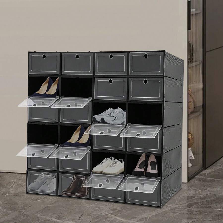 24 Pack Shoe Boxes For Closet Fit, Need To Assemble, Stackable Shoe Storage Organizers With Lids Foldable Plastic Sneaker Containers Display Space Saving, 9.1 X 13 X 5.5 Inches (Multicolor) - Black - View 1