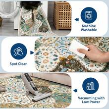 Waschbarer Teppich für Wohnzimmer, großer Vintage-Orientteppich mit Kurzflor, rutschfest und weich, mit Blumenmuster für Esszimmer und Wohnbereich - Beige - Übersicht 10