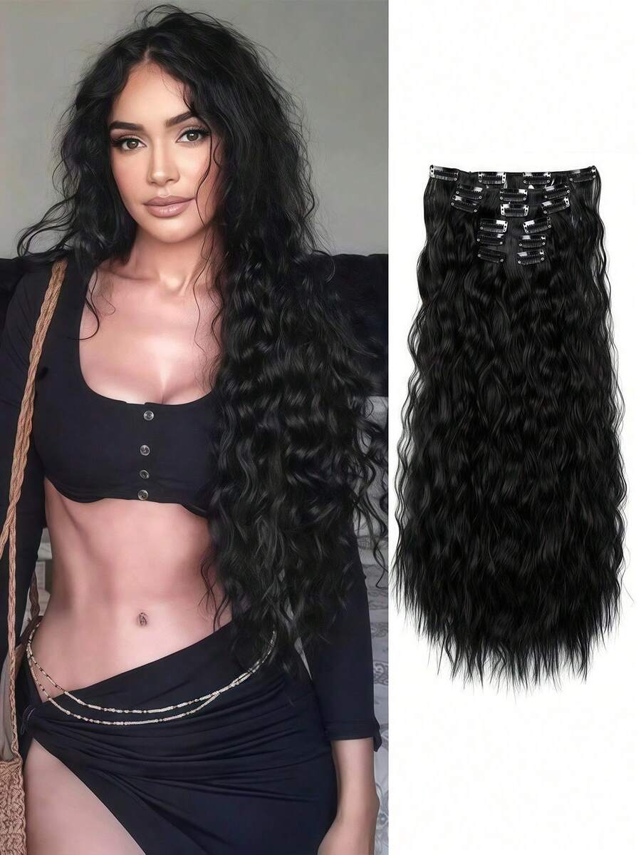 24 Zoll 6 Stücke/Set kleine lockige Haarextensions, Woll-Locken Clip-In Haarextensions, Mais-Locken Synthetikfaser Haarextensions, Synthetikfaser Haarextensions, Haarspangen, Haarspangen, geeignet für Frauen KDEV - Verschiedenfarbig - Übersicht 1