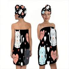 2pcs Printed Large Size Bathrobe & Hair Drying Cap Set, Wearable Wrap Towel, High Absorbency, No Shedding, Sexy Tube Top Bathrobe For Home - Multicolor - View 1