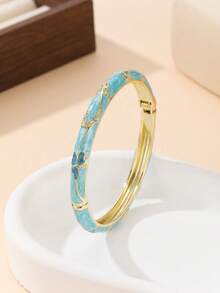 1pc Fashion New Rhinestone Decor Enamel Floral Pattern Filigree Bracelet Bangle Jewelry Gift For Women And Girls - Mint Blue - View 6