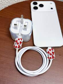 3pcs Set Wavy Pattern Charger Cable Protector UV Painted Red Heart Design Compatible With UK Standard Apple 20W Fast Charger, Prevents Cable Damage - Multicolor - View 5