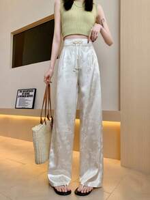 Women's New Chinese Style Jacquard Wide Leg Pants, High Waist Button Decor Straight Leg Trousers, Elegant Casual Black Pants - Apricot - View 3