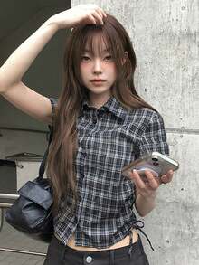 Women's Summer Design Plaid Versatile Casual Shirt - Black and White - View 4