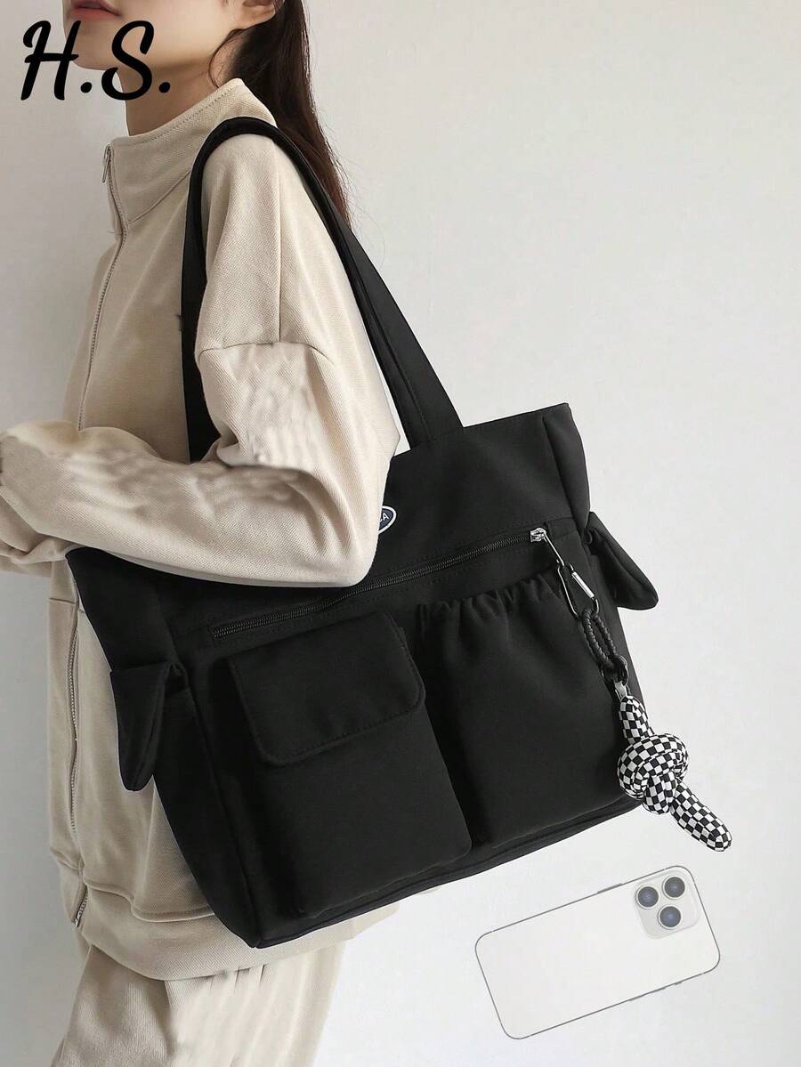 Nylon Shoulder Bag With Multiple Pockets, Japanese Style, Minimalist, Large Capacity, Suitable For Commuting, School, College Students, Lightweight, Foldable, Versatile Tote Bag For Daily Use, Zipper Closure, Suitable For Shopping, Short-Distance Travel