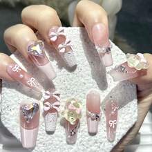 10pcs Cream Bear Ballet Handmade Press-On Nails, Bow Heart Rhinestone Pearl Glitter Pink Sweet French Style Coffin Nails, Nail Art Supplies (1pc Jelly Glue + 1pc Nail File) - Pink - View 4