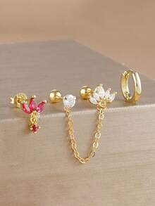 3pcs 18K Gold Plated Flower Zirconia Stainless Steel Stud Earrings, Sparkling Zirconia Flower Earring Set, Women's Cartilage Helix Double Hole Chain Piercing Earrings, Girls Gift Jewelry - Flower3 - View 4