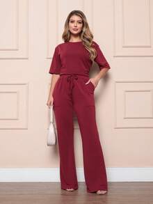 TZ-128 Comfortable And Versatile Casual Wide Leg Pants Set - Burgundy - View 2