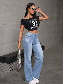 Jeans rectos y holgados de mezclilla lavado efecto levantador de glúteos elásticos sueltos varios colores disponibles - Celeste - Ver 6