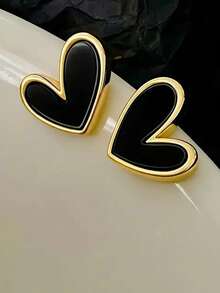 1 Pair Heart-Shaped Earrings - Subtle Retro Design With A Touch Of Minimalism, Exuding Sophisticated Elegance - Black - View 7
