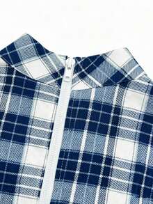 2026 New Short High Neck Short Sleeve Top & High Waist Wide Leg Pants Set, Cropped Plaid Set, Summer Cool Short Sleeve Set, Design-Driven Hot Girl Casual Style Short Top & Wide Leg Pants Set, Y2K Plaid Style, Summer Outing & Picnic Outfit, Plus Size Friendly - Baby Blue - View 9
