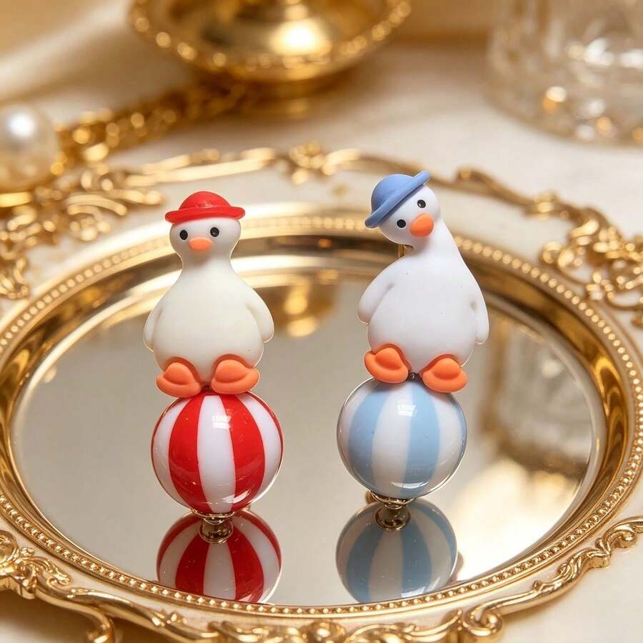 1 Pasang Anting Bola Kepala Bebek 3D Lucu, Cocok untuk Pesta Anak Perempuan, Acara Kumpul, Pemakaian Sehari-hari, Anting Tusuk - MultiWarna - View 1
