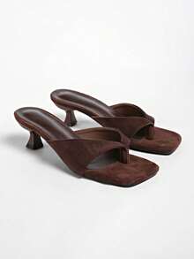 French Retro Mule Sandals For Women, Open Toe Chunky High Heel Slides, Summer Casual Slippers - Brown - View 2