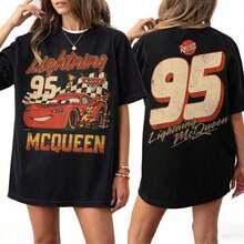 Retro Lightning McQueen Oversized Tee, Cars Print, Casual Top For 2026 Disney Family Trip - Black - View 1