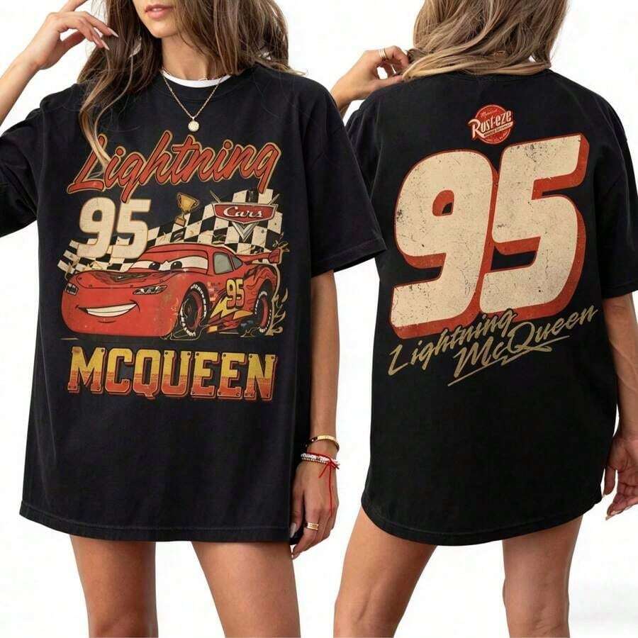 Retro Lightning McQueen Oversized Tee, Cars Print, Casual Top For 2026 Disney Family Trip - Black - View 1
