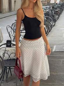 Dila Polly Women's Casual Vacation Style Polka Dot Print, Pleated High Waist, Asymmetrical Hem, White Skirt, Women's Summer Daily Outfit, Suitable For Spring/Autumn Outings, Travel Vacation, Pastoral Afternoon Tea, Girlfriend Gathering, Weekend Outing, Shopping And Photo Taking Occasions - White - View 1