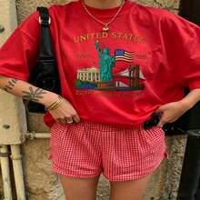 Heartfelt Daily Casual Graphic T-Shirt 100% Cotton Oversized Soft Breathable Casual Crewneck Short Sleeve Top Vintage Aesthetic Red Checkered Shorts United States 250th Anniversary Design For Casual Wearers Fashion Lovers Daily Outfit Enthusiasts Gift Givers - 紅色 - 查看 18