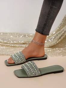 1 Pair Plus Size Black 3-Row Bead Fashion Elegant Solid Color Party New Style Luxury Non-Slip Outdoor Vacation Beach Comfortable Versatile Rhinestone Pearl Flat Square Toe Open Toe Indoor Home Slippers 41-43 Daily Women's Plus Size - Army Green - View 3