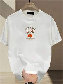 Playera blanca con estampado de palmeras y atardecer estilo verano relajado para hombre OR9J - Blanco - Ver 1
