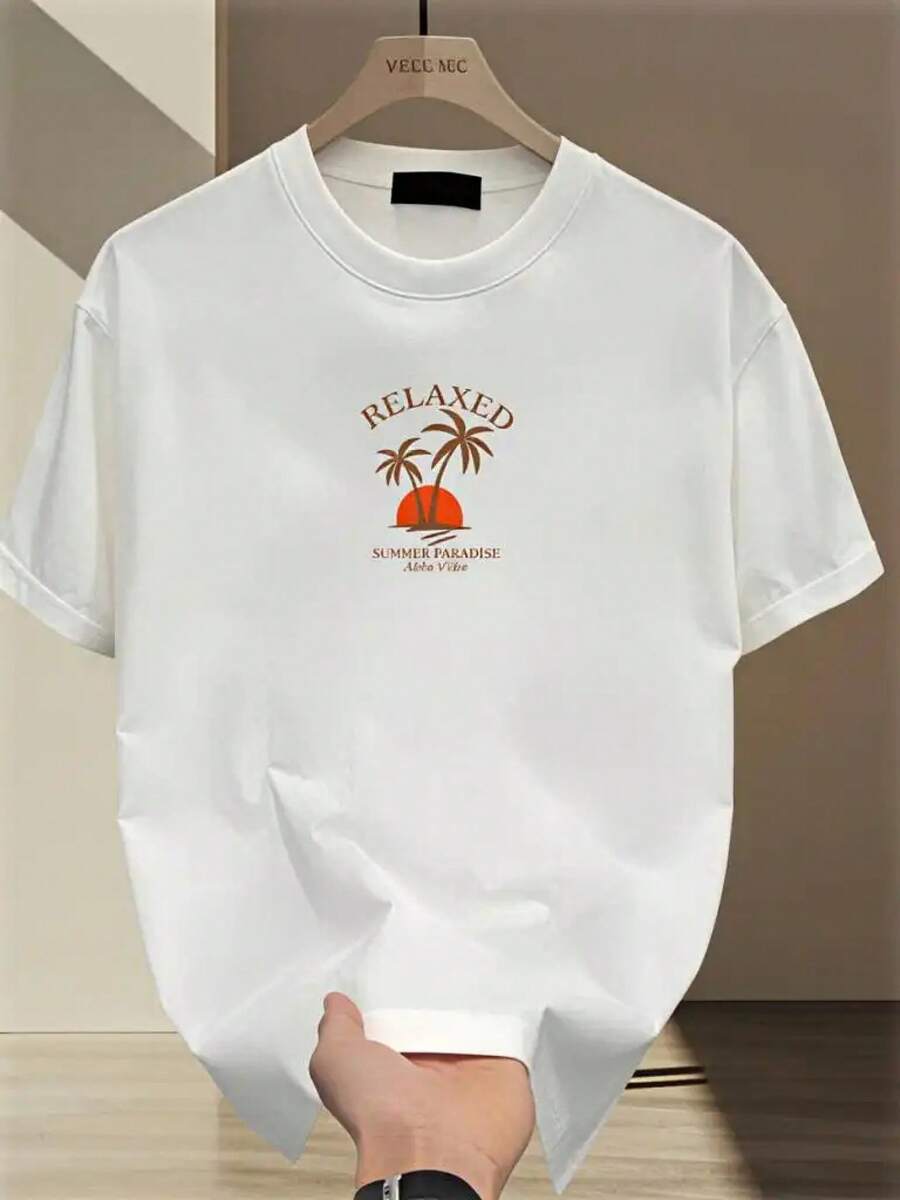 Playera blanca con estampado de palmeras y atardecer estilo verano relajado para hombre OR9J - Blanco - Ver 1