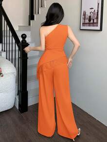 abyoxi Women's Pea Green Sleeveless Ruched Waist Lace Patchwork Asymmetric Hem Top With Wide Leg Pants 2-Piece Set, Sexy & Elegant, Suitable For Work Commute - Orange - View 2