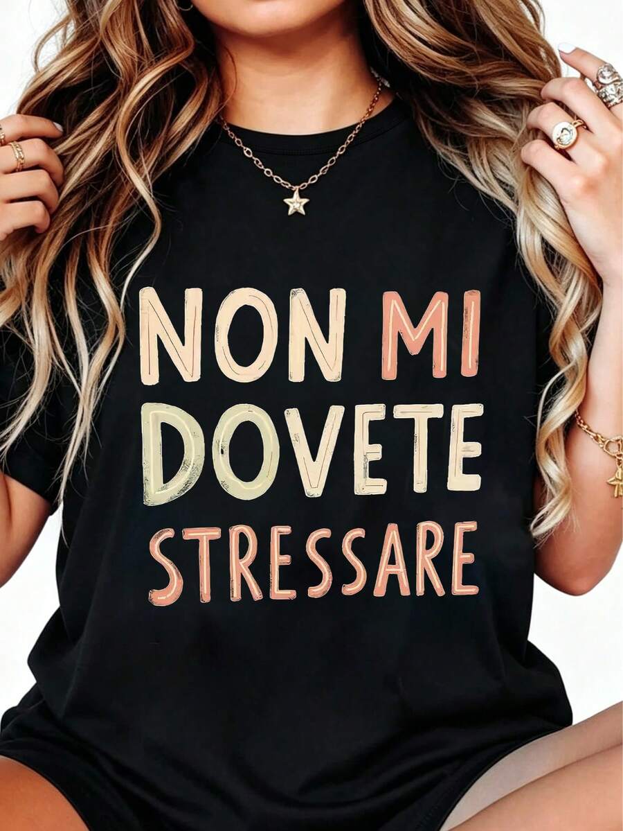 大尺碼女款優雅圓領短袖T恤,印有「Non Mi Dovete Stressare」文字,春夏休閒穿著,黑色 - 黑色 - 查看 1