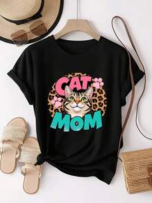 1pc Ropa de Primavera/Verano con Estampado de Gato, Fondo con Estampado de Leopardo, ..., Vacaciones - Negro - Ver 2