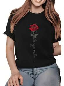 Camiseta de mujer con estampado gráfico de rosa roja, de manga corta, casual, 1 pieza, cómoda, cuello redondo, suave y adorable - Negro - Ver 2