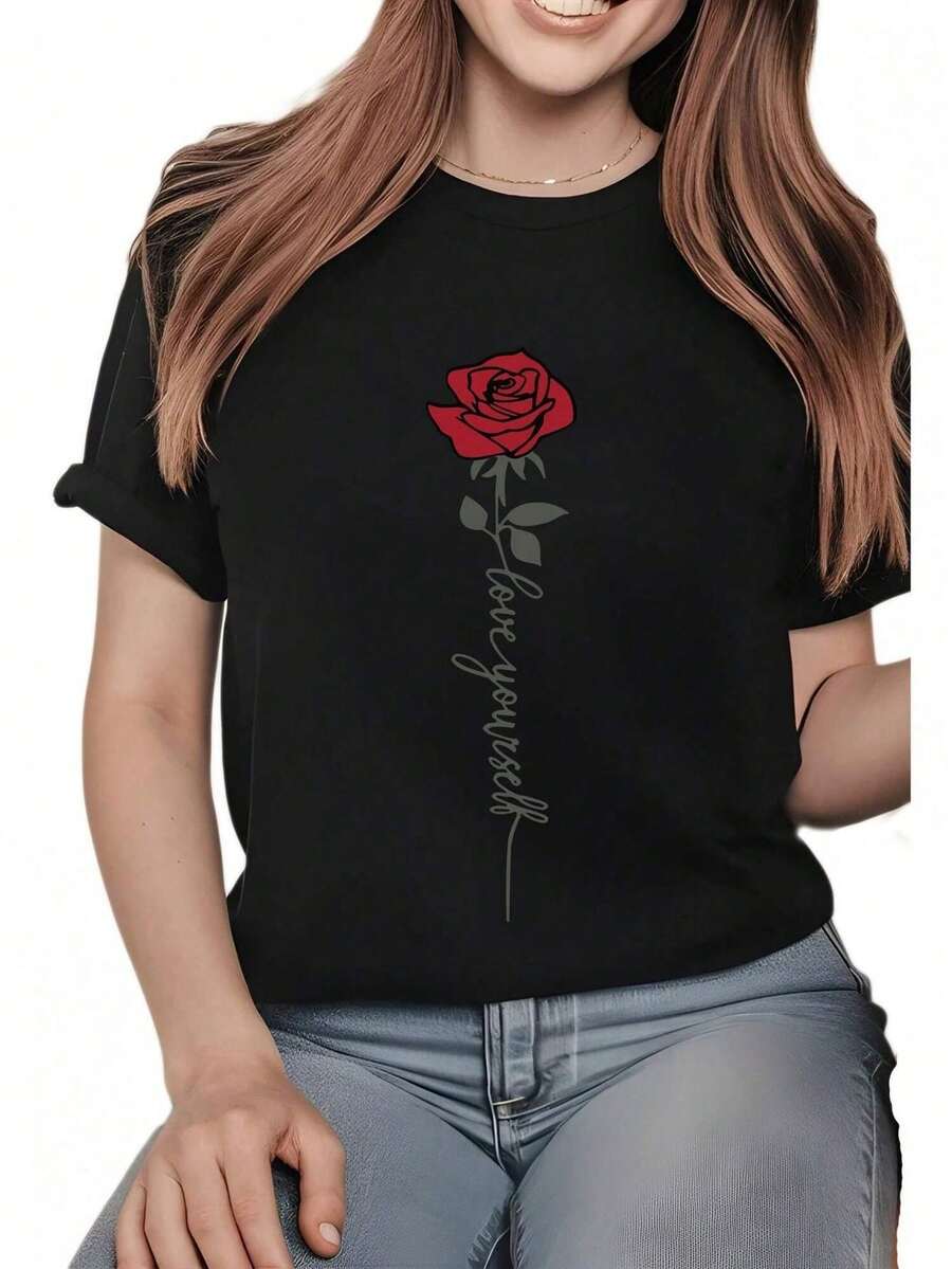 Camiseta de mujer con estampado gráfico de rosa roja, de manga corta, casual, 1 pieza, cómoda, cuello redondo, suave y adorable