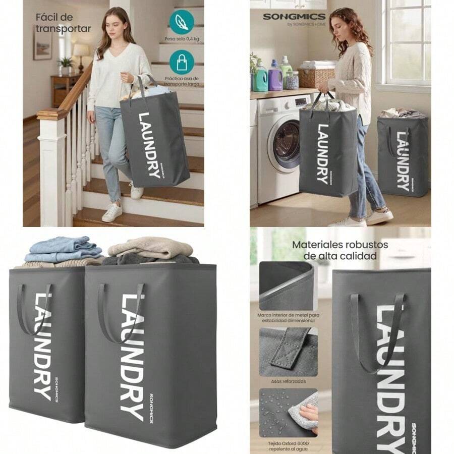 SONGMICS Cesto Ropa Sucia Juego de Cesta de Colada 80 L con Asa Bolsa para Ropa Repelente al Agua para Lavadero Dormitorio Baño MRLH00GN0 - Gris pizarra - Ver 1