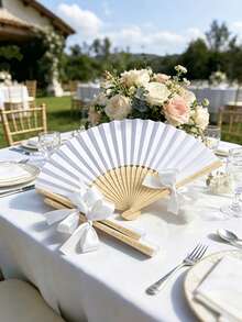 1/3/9/15pcs Customized White Bow Ribbon Multi-Piece Party Favors, Customized Wedding Hand Fans, White Folding Elegant Paper Fans, Bridal Wedding Gifts, Green Ribbon Accessories, Fashionable And Easy To Use, Free Customization Of Any Text - Multicolor - View 3