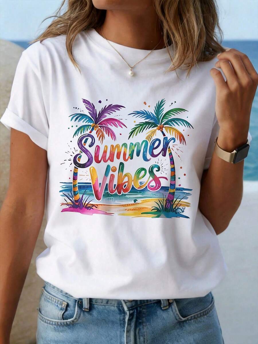 Plus Size Women's Vacation Short Sleeve T-Shirt, Colorful Coconut Tree Print Fresh Versatile Casual Top, Summer Fashion For Beach Trips White - White - View 1