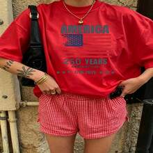 Heartfelt Daily Casual Graphic T-Shirt 100% Cotton Oversized Soft Breathable Casual Crewneck Short Sleeve Top Vintage Aesthetic Red Checkered Shorts Street Style  Basic Casual Wearers Fashion Lovers Daily Outfit Enthusiasts Gift Givers - 紅色 - 查看 18
