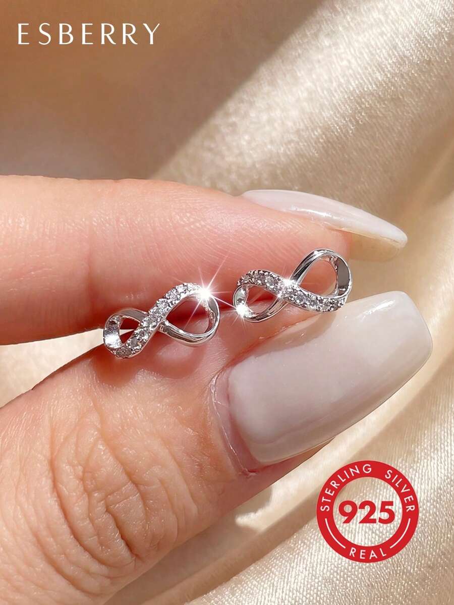 ESBERRY 1对女士无限符号耳环，S925纯银白色优雅珠宝礼品