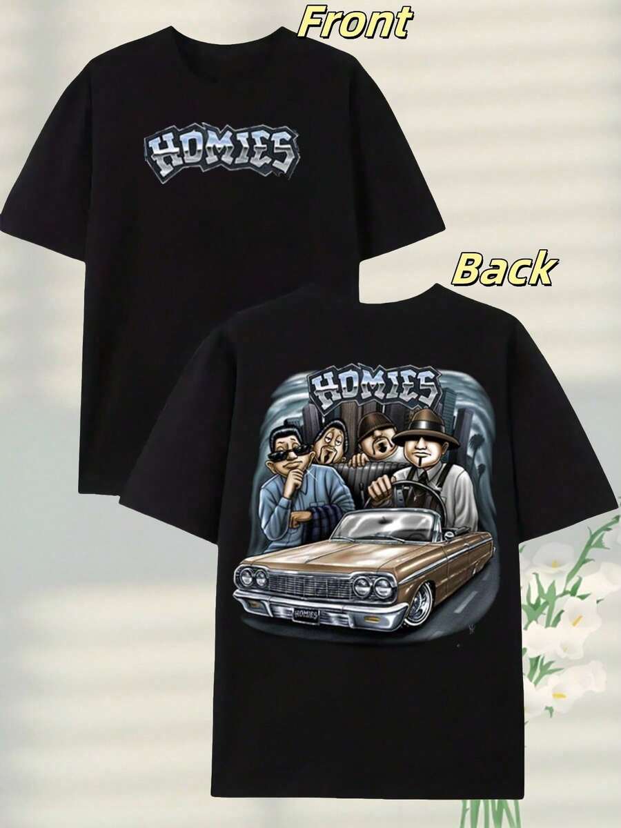 Men's Oversized Black Graphic T-Shirt Homies Car Print Short Sleeve Crew Neck Casual Summer Streetwear Loose Fit Comfortable Breathable Cotton Top - Size - 查看 1