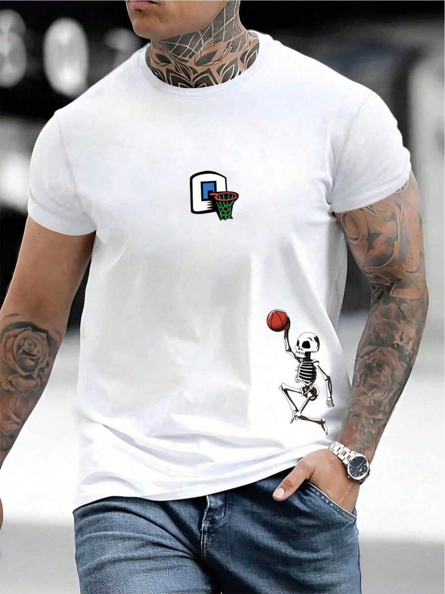 Men's Skeleton T-Shirt With Basketball Print - White - View 1