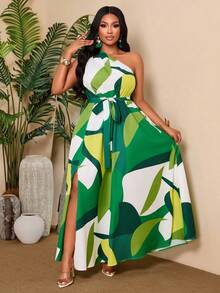 BIUBIU Robe élégante grande taille imprimé africain, robe longue verte fluide avec taille ceinturée, robes d'été pour femmes vacances fête - Vert - Voir 4