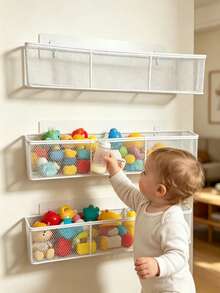 1/2/3pcs No Drill Compartment Nursery Wall Storage Basket, Adhesive Baby Organizer Rack, Wall Mount Caddy For Infant Toys Bottles Skincare Supplies - Multicolor - View 2