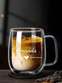 Personalized Custom Real Flower Double-Wall Glass Mug With Handle, Customized Name Text Coffee Cup Tea Cup, Dried Flower Cup, Coffee Cup, Milk Tea Cup, Iced Americano Cup, Glass, Heat-Resistant, High Borosilicate Transparent Glass. Large Floral Design - Multicolor - View 3