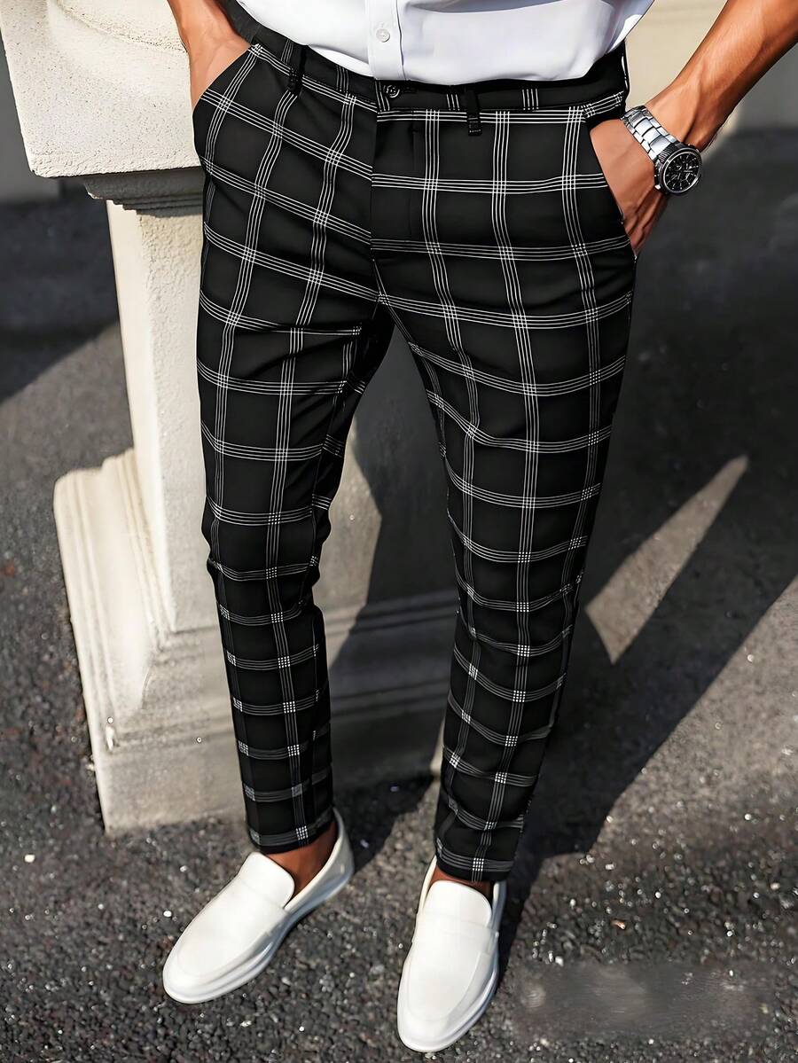 Tapered Fit Men's Plaid Casual Long Pants - Black - View 1