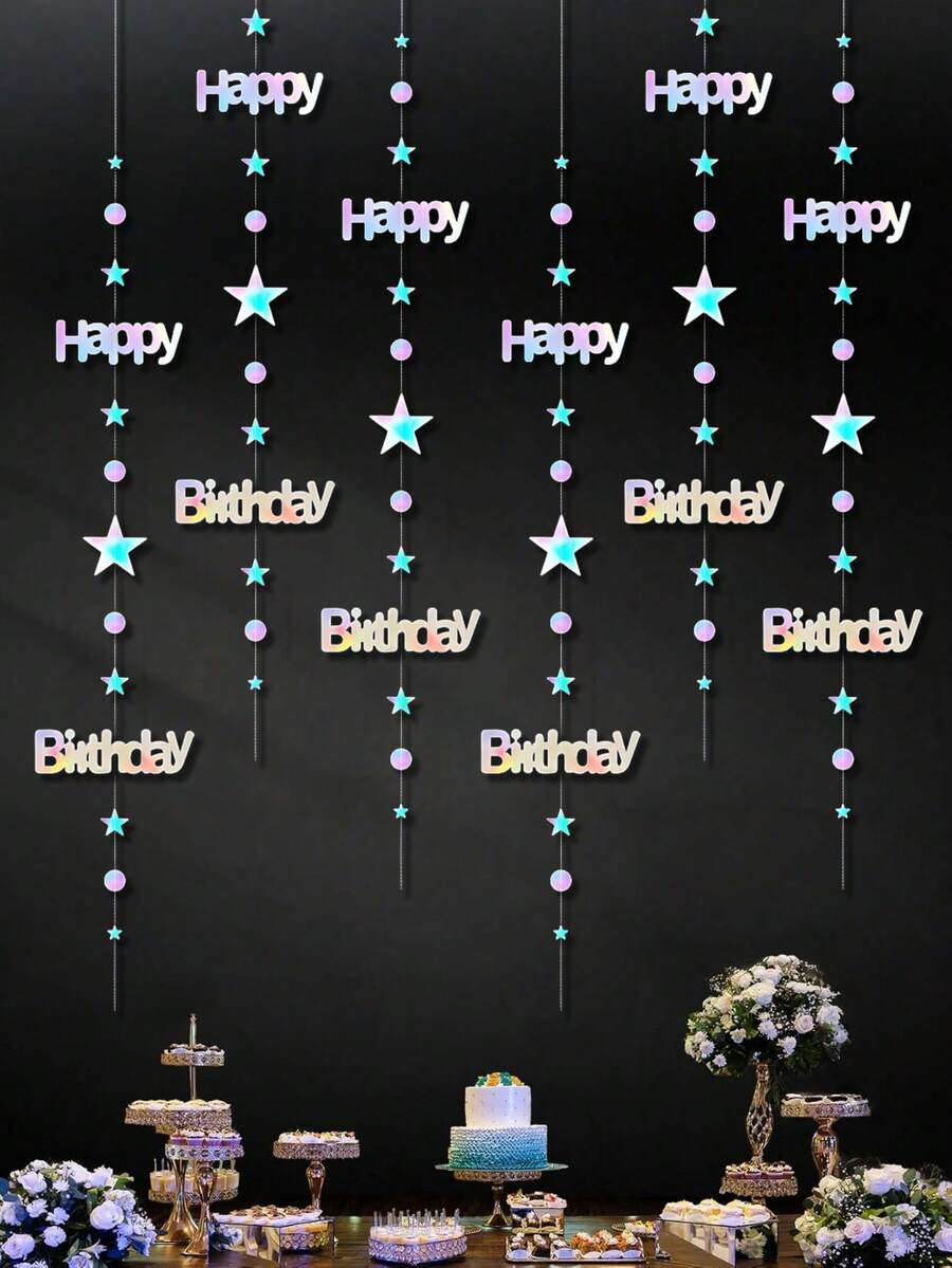 4/1件 虹彩生日快樂橫幅裝飾，星星與圓點紙流蘇，生日派對、慶祝、週年紀念、房間裝飾、派對背景牆掛飾、禮物