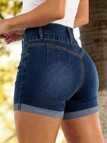 High Waisted Cuffed Denim Shorts For Women, Solid Color Washed Distressed Frayed Hem Hotpants Casual Summer - Deep Washed Blue - View 6