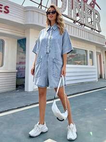 HAPPY GIRL#春夏百搭時尚套裝 節慶校園日常旅行機場穿搭 女款舒適通勤水洗牛仔前扣連身褲 - 藍色 - 查看 3
