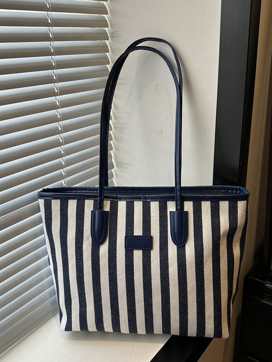 Bolso de mano a rayas de gran capacidad, bolso de hombro, bolso tote, adecuado para mujeres para compras, ir al trabajo y uso diario - Azul - Ver 1