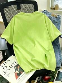 100%棉 男女同款螢光綠T卹，plus size，春夏 四季 新款 運動上衣，休閒 時尚 柔軟 透氣 中性短袖上衣 - 螢光綠 - 查看 2