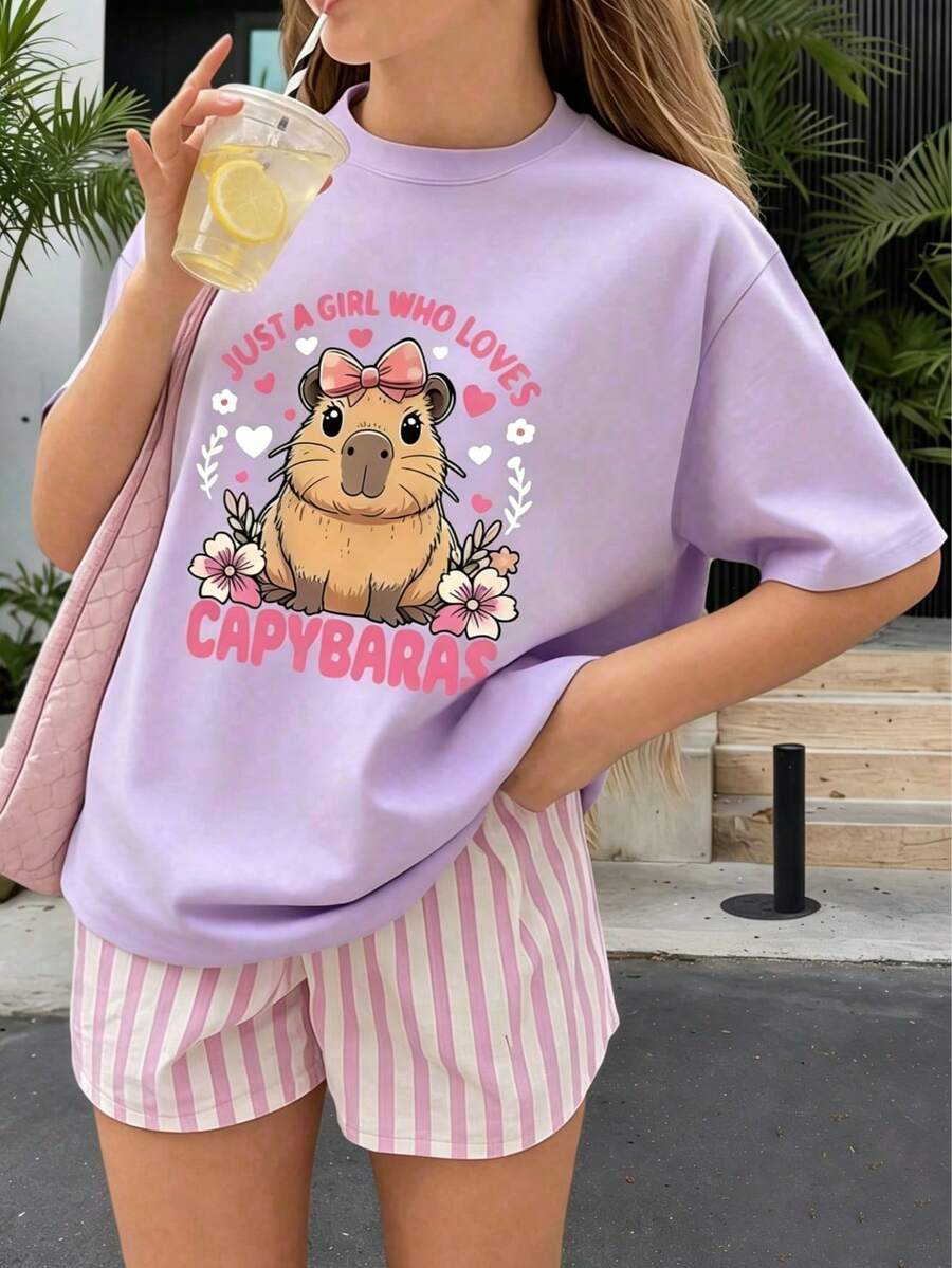 水豚印花短袖 T 恤,青少年女孩休闲夏季上衣,适合玩耍 - 紫色 - 查看 1