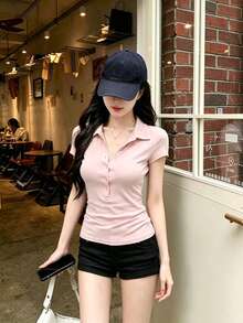 輕量女款 Polo 領短袖 T 恤 收腰內搭上衣 顯瘦優雅休閒 粉色夏季款 - 粉色 - 查看 2